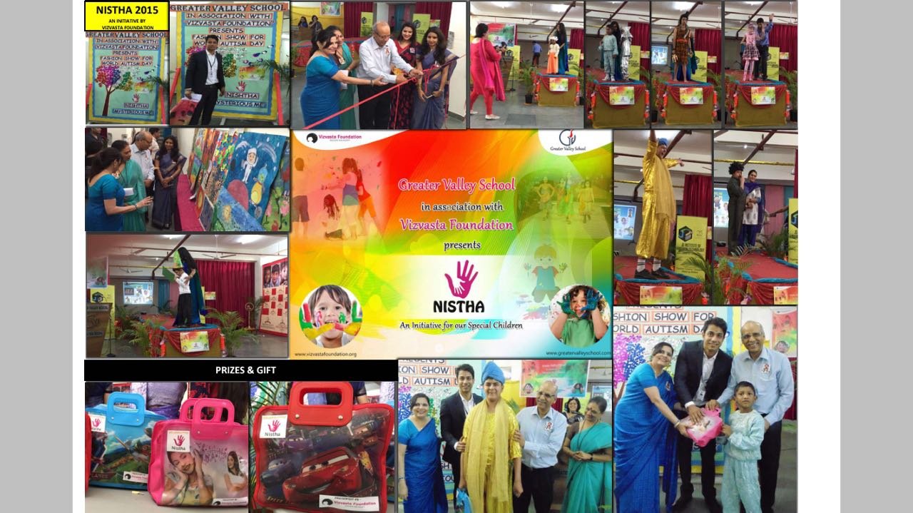 A collage of photographs from NISTHA 2015 at Greater Valley School: hand-painted event boards, a ribbon-cutting, students walking a runway in costume, visitors looking at the painting exhibition, and children receiving prize bags.